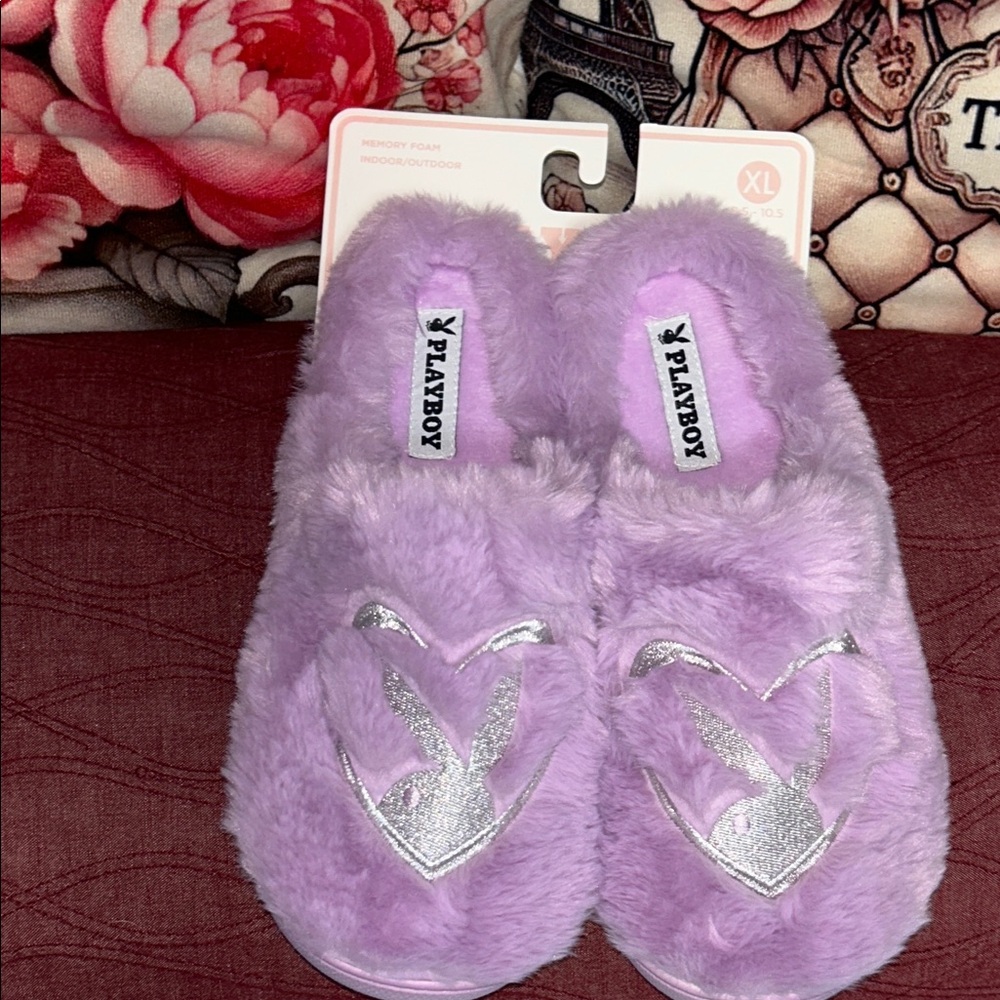 PLAYBOY Lavender Plush Slippers with Silver Logo